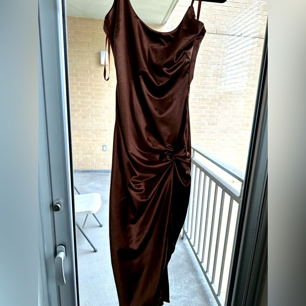 JLUXLABEL satin ruched midi dress brown size MEDIUM